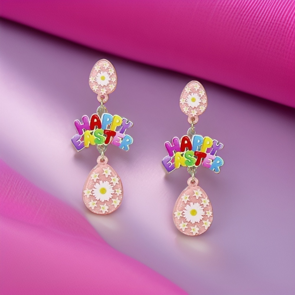 HAPPY EASTER Egg Acrylic Earrings - Pink